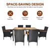 7 Piece Patio Dining Set, Outdoor Patio Conversation Set with Acacia Wood Table Top and Rattan Chairs and Soft Seat Cushions for Deck Backyard Garden