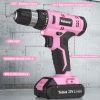 Cordless Drill Kit, 20V Electric Drill with Battery and Charger Pink DIY Power Tools Rechargeable Lithium Drill Kit 20V 12V Screwdriver